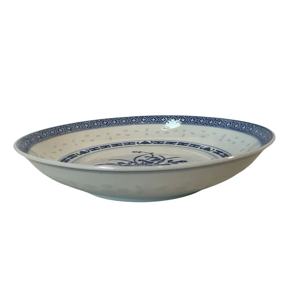 Chinese Rice Grain Serving Bowls Blue & White 8.5” Set Of 2